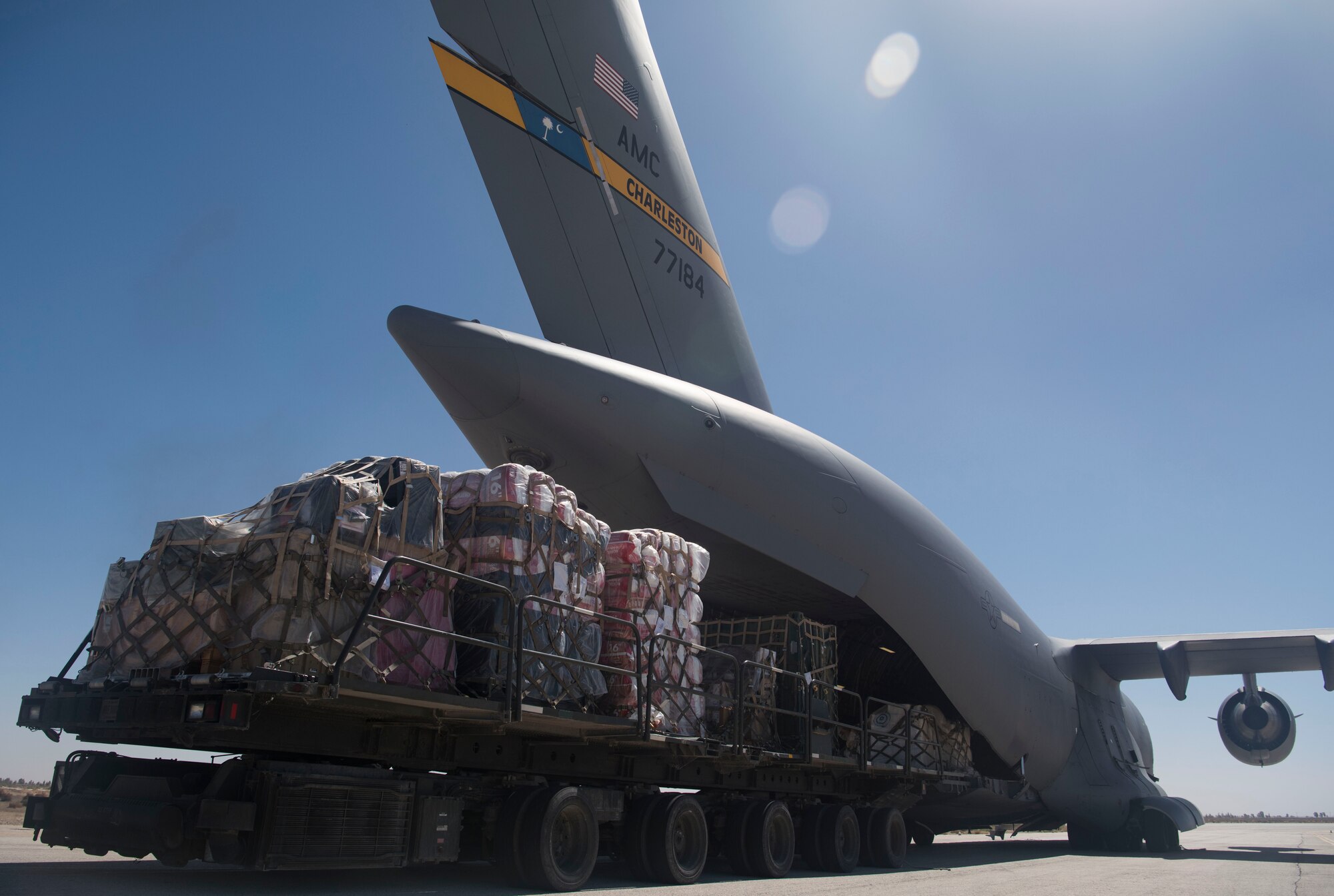 Pallets of supplies are unloaded from a C-17 Globemaster III at an undisclosed location in Southwest Asia March 7, 2018.