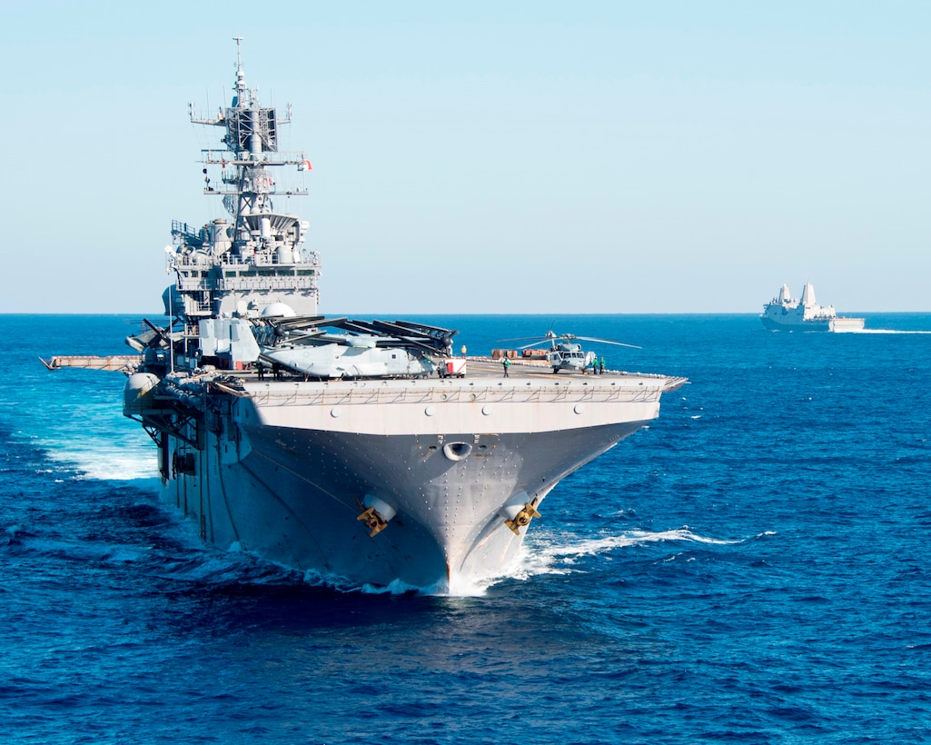 The Iwo Jima ARG embarks the 26th MEU and includes the Wasp-class amphibious assault ship USS Iwo Jima (LHD 7), the San Antonio-class amphibious transport dock ship USS New York (LPD 21) and the Harpers Ferry-class dock landing ship USS Oak Hill (LSD 51).