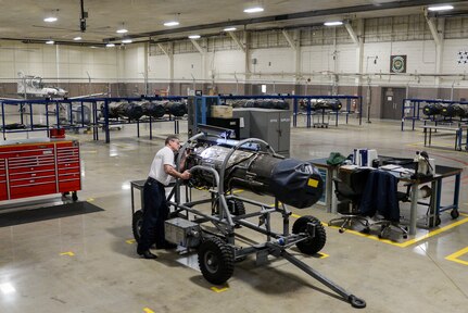 Dave Duggar, 12th Maintenance Group J-85 propulsion shop supervisor, conducts an inspection on a T-38 Talon engine Feb. 28 2018, at Joint Base San Antonio-Randolph, Texas.  Duggar oversees the engine shop and test cell ensuring T-38 engines are "mission ready" to conduct daily sorties for the 12th Flying Training Wing. (U.S. Air Force photo by Sean M. Worrell)