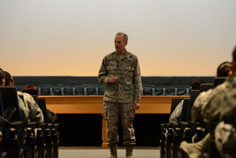 Air Force Surgeon General Lt. Gen. (Dr.) Mark Ediger speaks to Airmen assigned to the 436th Medical Group during an all call March 9, 2018, at Dover Air Force Base, Del. Ediger shared several examples of the impact medics can have on shaping the Department of Defense, and encouraged the Airmen in attendance to always strive for excellence. (U.S. Air Force photo by Staff Sgt. Aaron J. Jenne)