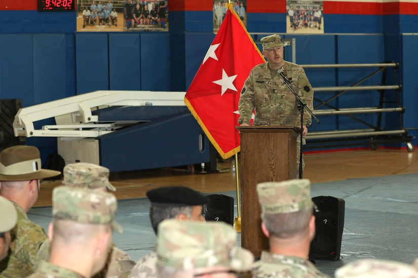 Maj. Gen. Andrew Schafer, 28th Infantry Division commanding general, addresses an audience that included leaders from Task Force Spartan partner nations during a transfer of authority ceremony March 8, 2018. The Pennsylvania Army National Guard unit’s headquarters and headquarters battalion assumed responsibility from its counterpart, the 35th Infantry Division which is comprised of soldiers from the Missouri and Kansas National Guard. The 28th’s HHBN will serve as a division headquarters for roughly 10,000 soldiers conducting theater security operations in the Middle East.