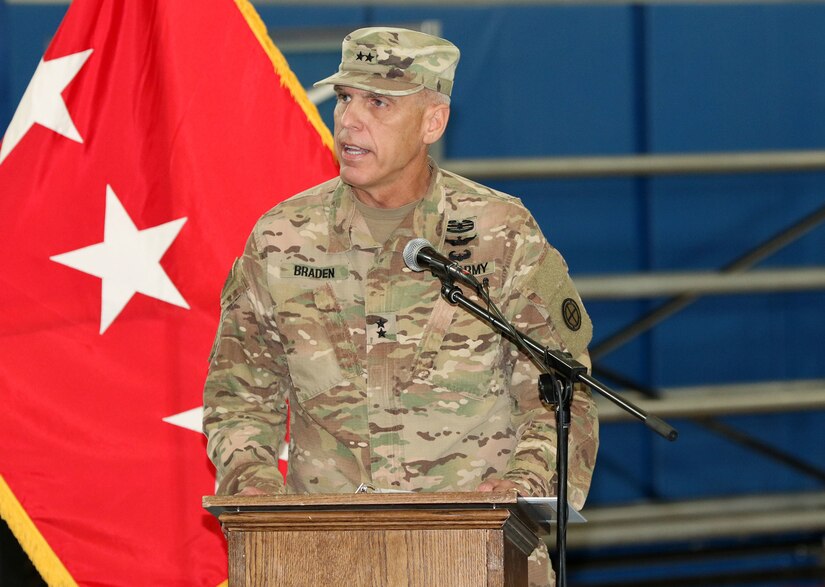 Maj. Gen. Victor Braden, 35th Infantry Division commanding general, thanks his soldiers for their hard work and dedication over the past nine months during the Task Force Spartan transfer of authority ceremony March 8, 2018. The Pennsylvania Army National Guard’s 28th Infantry Division’s headquarters and headquarters battalion assumed responsibility from its counterpart. The 28th’s HHBN will serve as a division headquarters for roughly 10,000 soldiers conducting theater security operations in the Middle East.