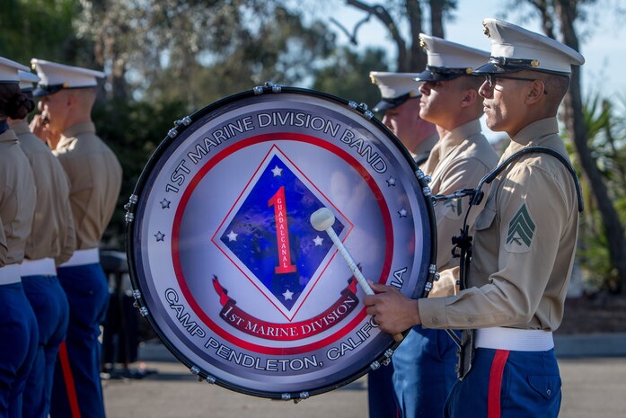 U.S. Marines with the 1st Marine Division Band perform during the unit's 77th anniversary ceremony at Marine Corps Base Camp Pendleton, Calif., Feb. 2, 2018.