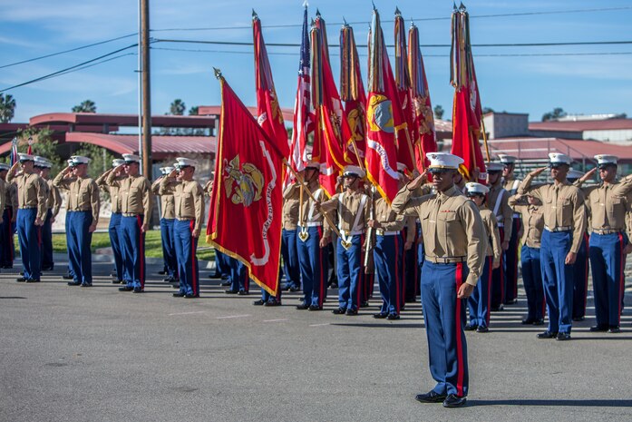 U.S. Marine Corps Maj. Kendrick Gaines, a field artillery officer with 5th Battalion, 11th Marine Regiment, 1st Marine Division, salutes during the unit's 77th anniversary ceremony at Marine Corps Base Camp Pendleton, Calif., Feb. 2, 2018.