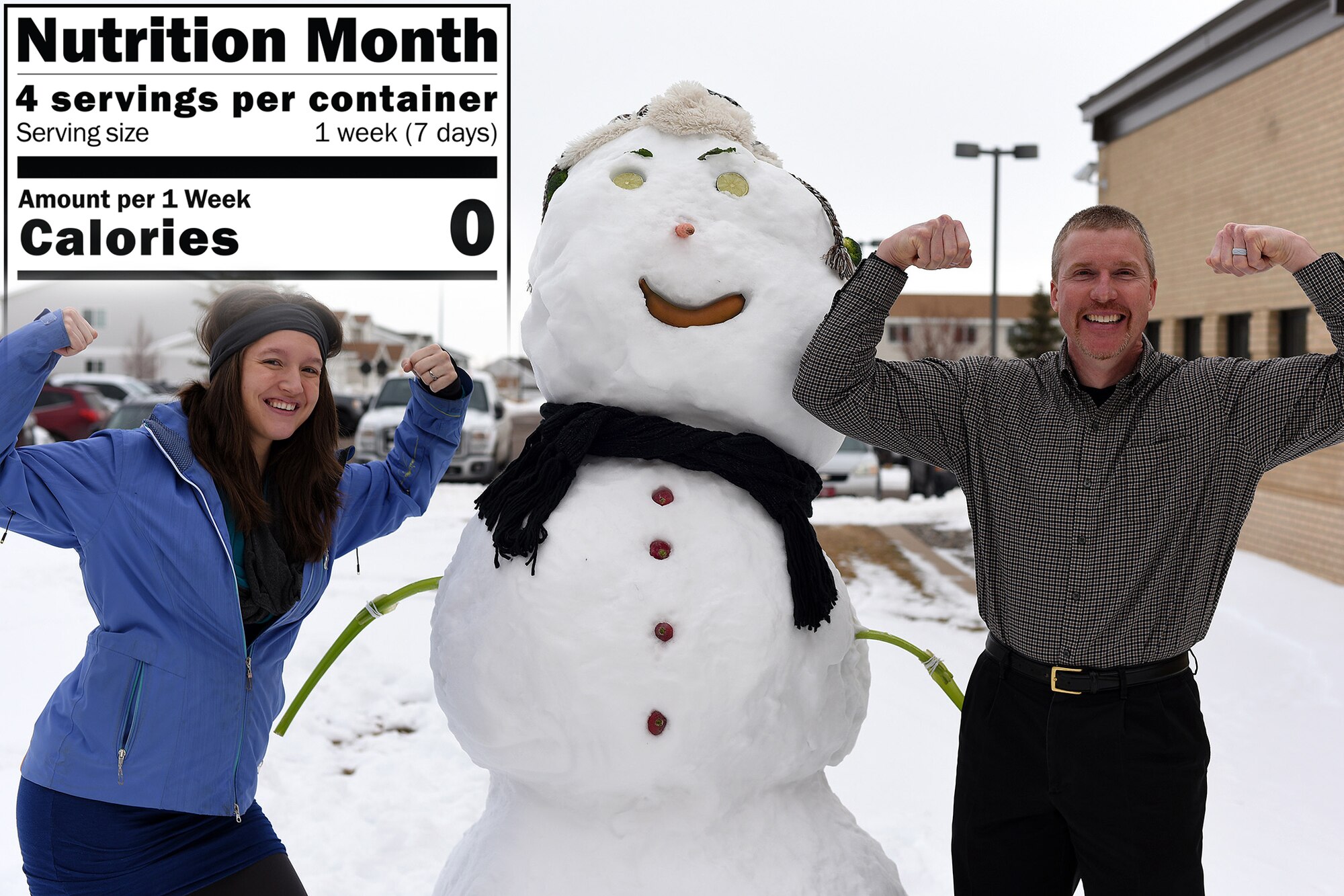 180301-F-UQ541-0719 Gabriella Darrow and Kirk Clark, 341st Medical Group health promotions office staff, pose with their fruit and vegetable National Nutrition Month mascot their team named Col. S. Wintersquash on March 1, 2018, at Malmstrom Air Force Base, Mont. Their office promotes the message that healthy eating helps Airmen go further with food. (U.S. Air Force photo by Kiersten McCutchan)