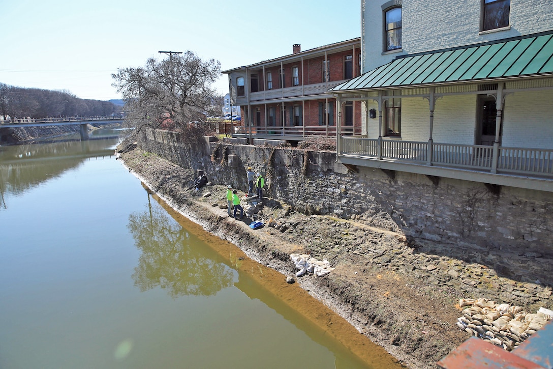 Bulge/instability issues in the floodwall near the Market Street Bridge as part of the Codorus Creek Flood Risk Management Project in York, Pennsylvania, Feb. 27, 2018.