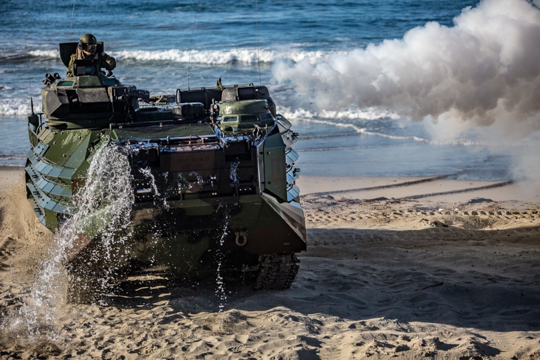 An Amphibious Assault Vehicle with 3rd Assault Amphibian Battalion, 1st Marine Division, lands on Marine Corps Base Camp Pendleton as part of exercise Iron Fist 2018 on Feb. 5.