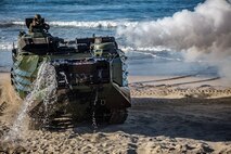 An Amphibious Assault Vehicle with 3rd Assault Amphibian Battalion, 1st Marine Division, lands on Marine Corps Base Camp Pendleton as part of exercise Iron Fist 2018 on Feb. 5.