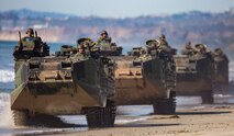 Marines with 3rd Assault Amphibian Battalion, 1st Marine Division and Western Army Infantry Regiment, Japan Ground Self Defense Force Soldiers conduct a mobile beach head patrol during exercise Iron Fist 2018, Jan. 24.