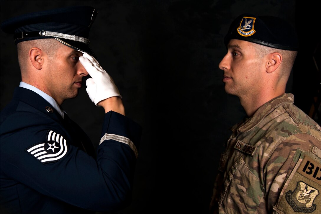Tech. Sgt. Dallas Ayers, 823d Base Defense Squadron assistant flight chief, poses for a photo March 6, 2018, at Moody Air Force Base, Ga. Ayers is preparing to make the transition from protecting lives in combat to honoring the Air Force. He was recently selected for the U.S. Air Force Honor Guard and will begin his honor guard technical school April 16. (U.S. Air Force photo illustration by Airman 1st Class Erick Requadt)