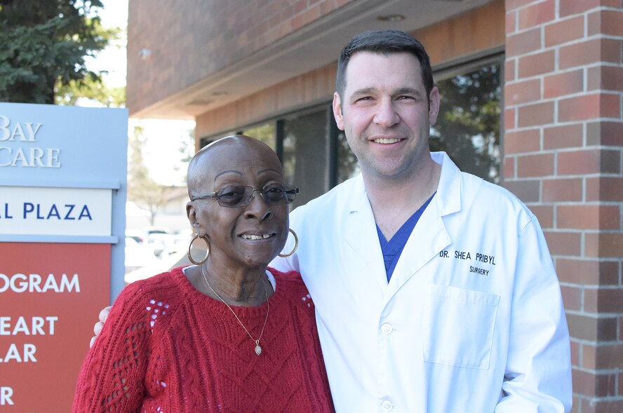 Evelyn Staley, left, poses for a photo with Maj. (Dr.) Shea Pribyl, 60th Medical Group cardiothoracic surgeon, at NorthBay Medical Center in Fairfield, Calif. (Courtesy Photo)