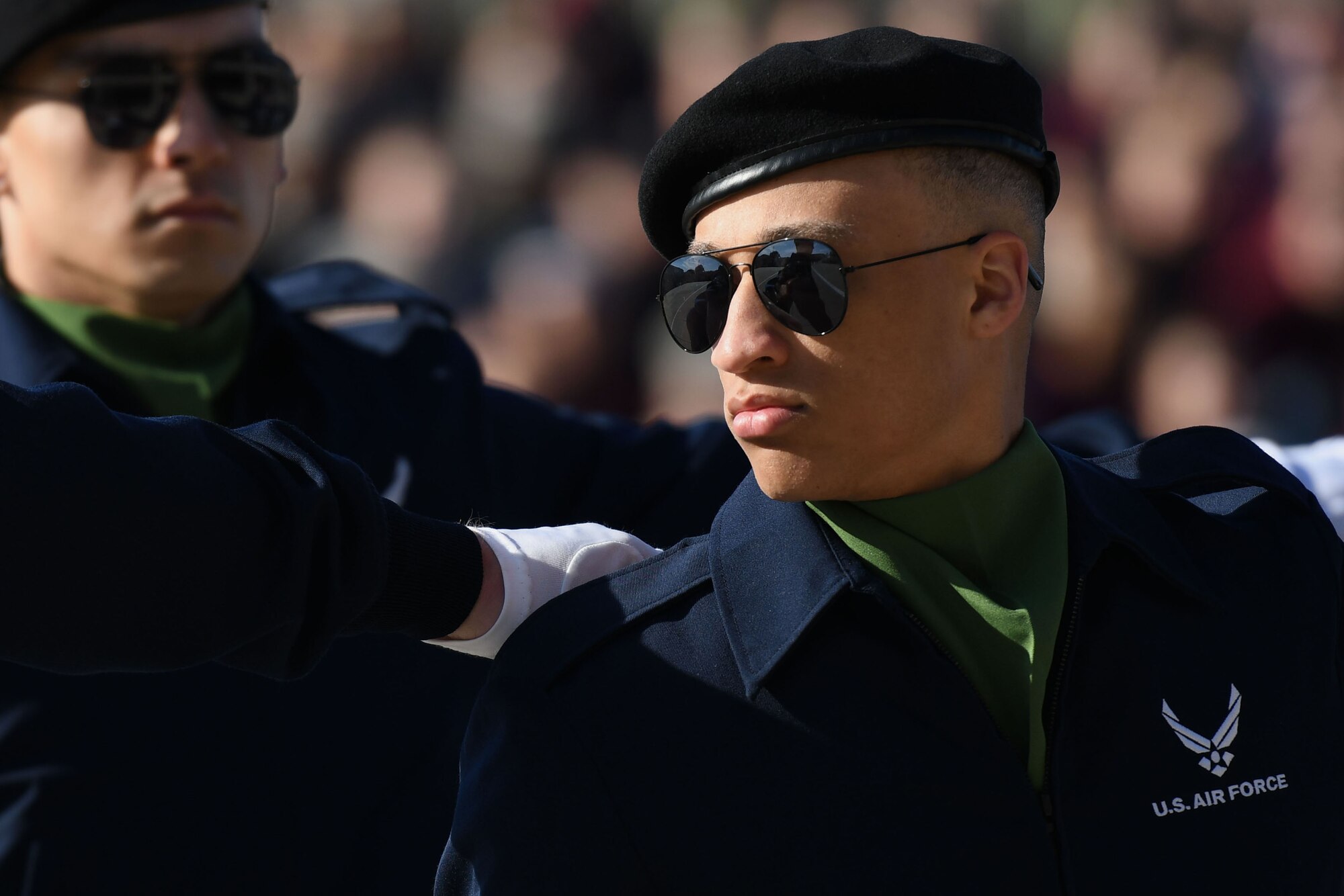 U.S. Air Force Airman Basic Jeffrey Guillory, 334th Training Squadron regulation drill team member, performs during the 81st Training Group drill down on the Levitow Training Support Facility drill pad March 9, 2018, on Keesler Air Force Base, Mississippi. Airmen from the 81st TRG competed in a quarterly open ranks inspection, regulation drill routine and freestyle drill routine. The 335th TRS “Bulls” took first place this quarter. (U.S. Air Force photo by Kemberly Groue)