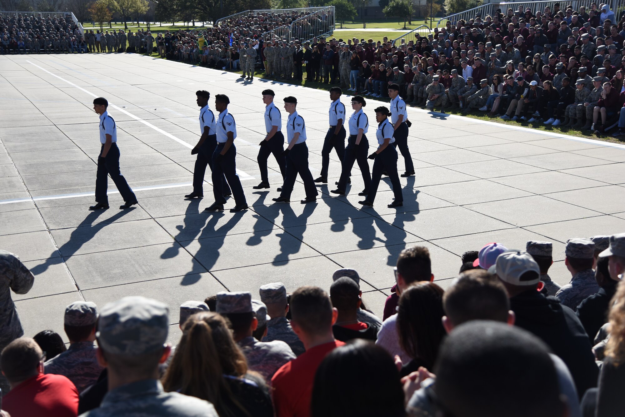 Members of the 336th Training Squadron regulation drill team perform during the 81st Training Group drill down on the Levitow Training Support Facility drill pad March 9, 2018, on Keesler Air Force Base, Mississippi. Airmen from the 81st TRG competed in a quarterly open ranks inspection, regulation drill routine and freestyle drill routine. The 335th TRS “Bulls” took first place this quarter. (U.S. Air Force photo by Kemberly Groue)