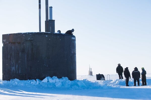 Ice Camp Skate (March 9, 2018) – Los Angeles-class fast-attack submarine USS Hartford SSN 768 surfaces through the ice March 9, 2018 in support of Ice Exercise (ICEX) 2018. ICEX 2018 is a five-week exercise that allows the Navy to assess its operational readiness in the Arctic, increase experience in the region, advance understanding of the Arctic environment, and continue to develop relationships with other services, allies and partner organizations. (U.S. Navy photo by Mass Communication 2nd Class Micheal H. Lee)