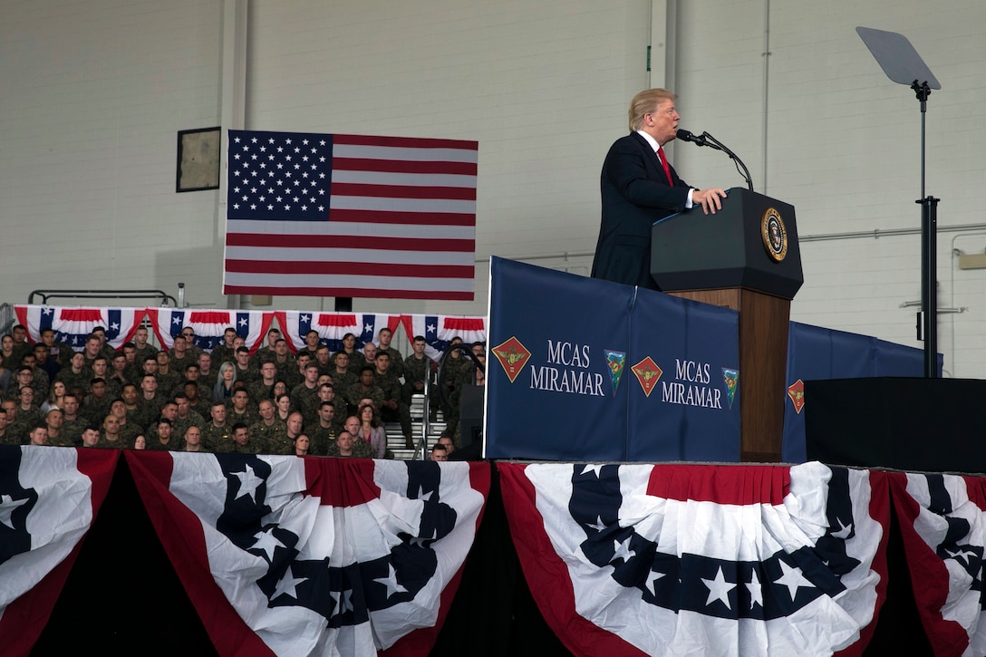 President Donald J. Trump speaks to troops at Marine Corps Air Station Miramar, Calif.