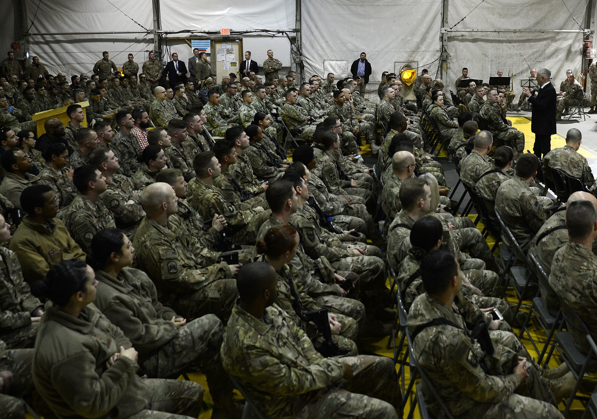 James Mattis, U.S. Secretary of Defense, conducts an all call with the men and women of Bagram Airfield, Afghanistan on Mar. 14, 2018.