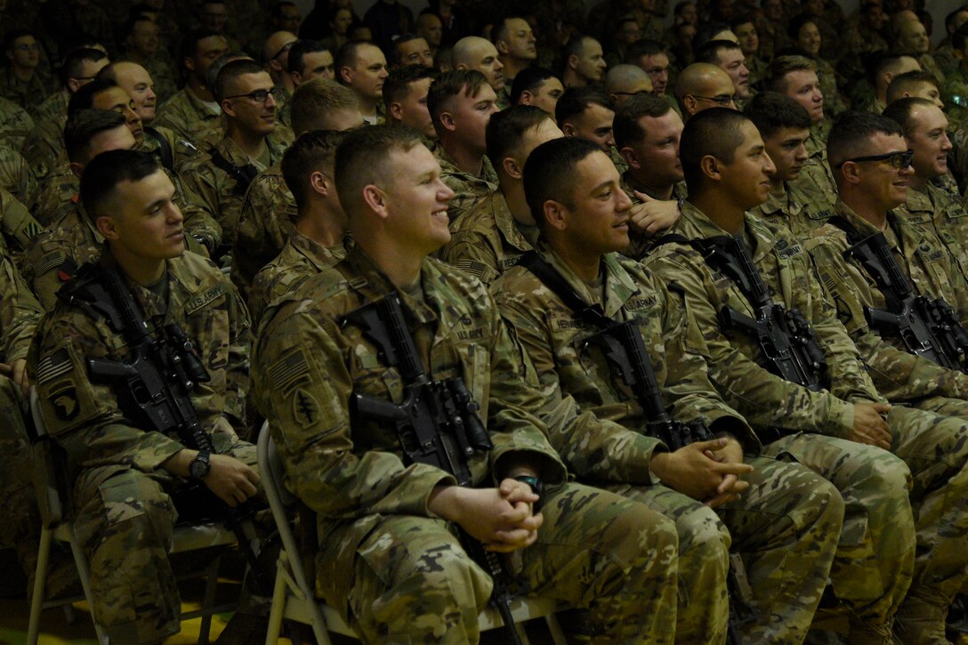 James Mattis, U.S. Secretary of Defense, conducts an all call with the men and women of Bagram Airfield, Afghanistan on Mar. 14, 2018.