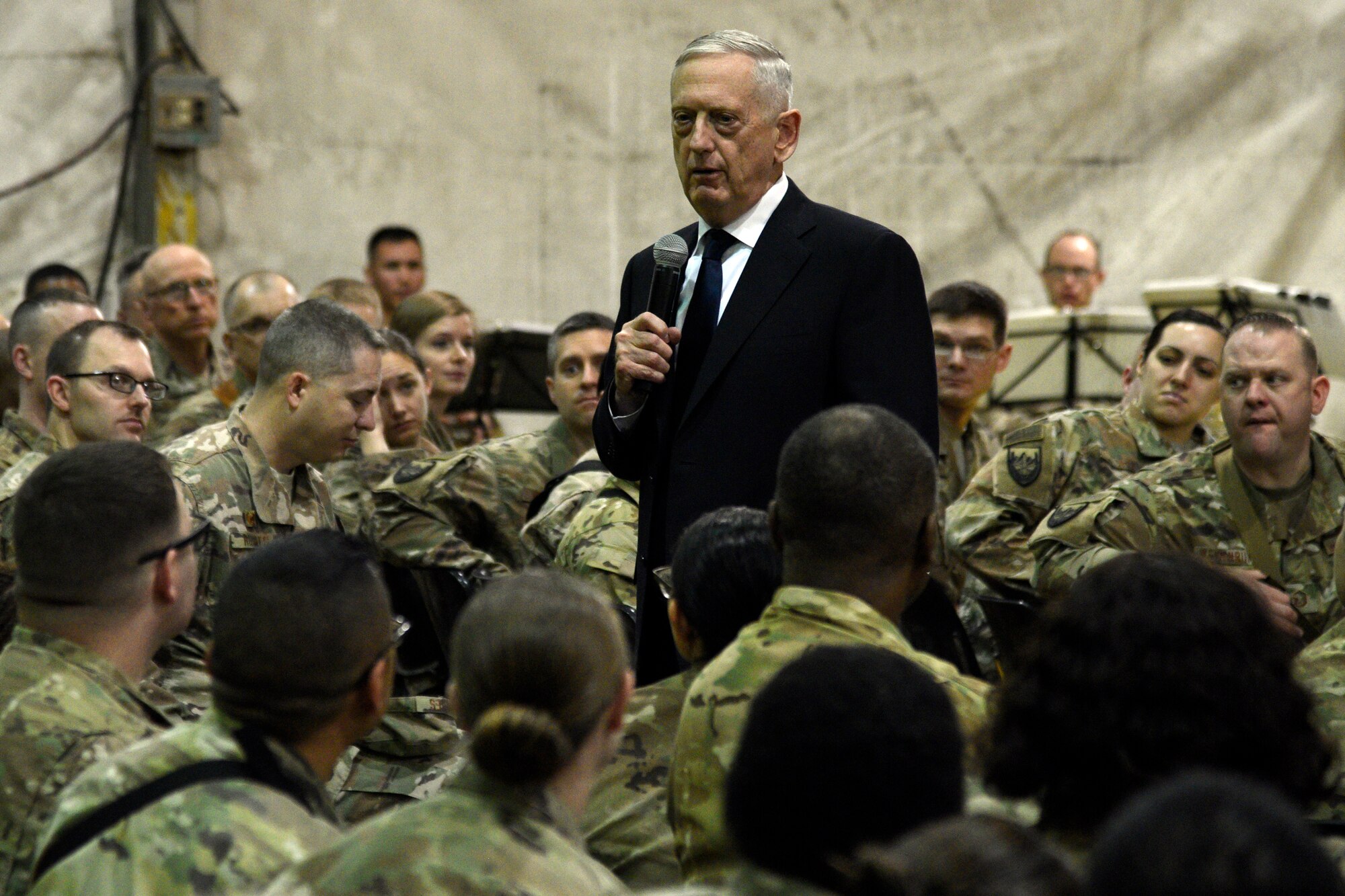 James Mattis, U.S. Secretary of Defense, conducts an all call with the men and women of Bagram Airfield, Afghanistan on Mar. 14, 2018.