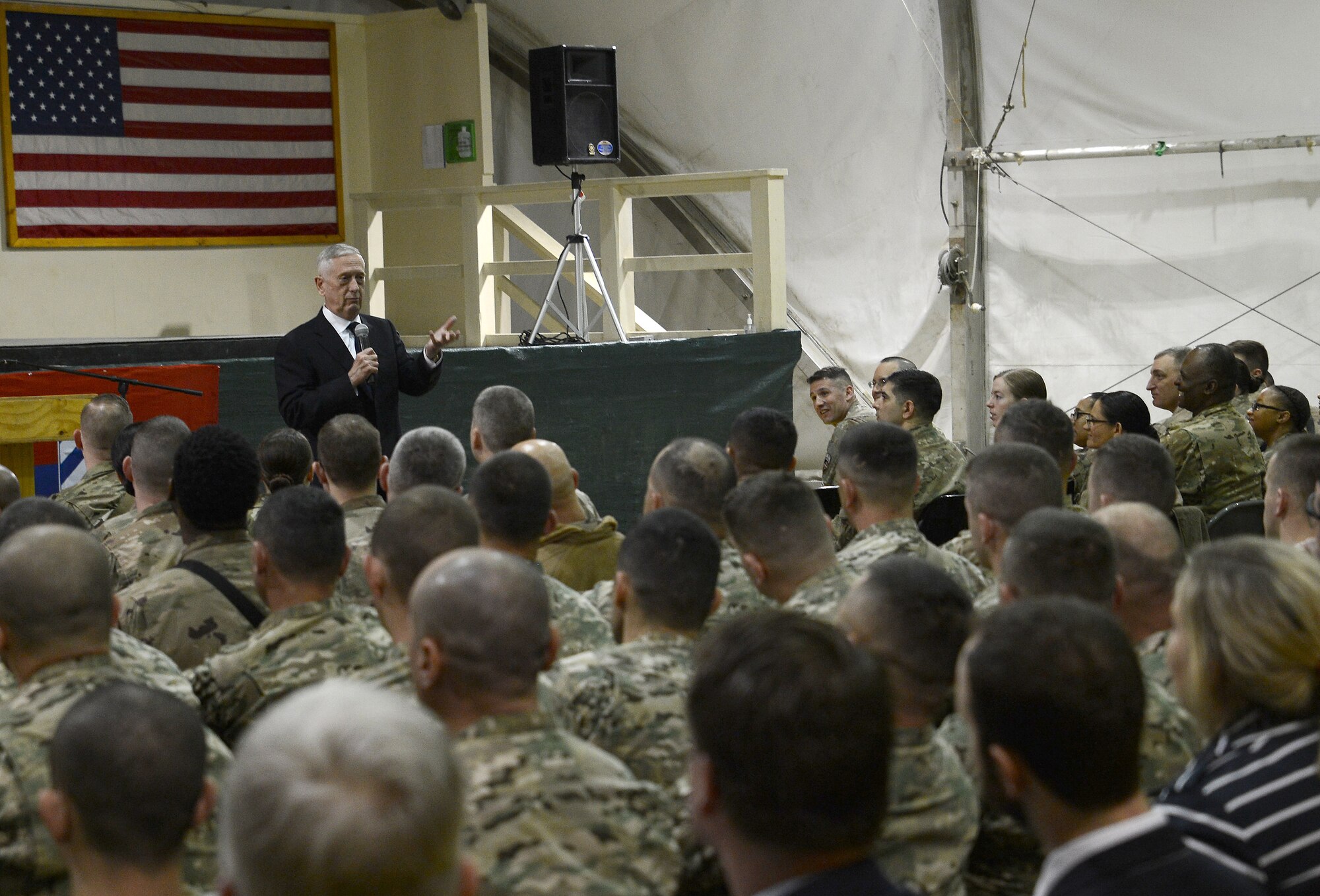 James Mattis, U.S. Secretary of Defense, conducts an all call with the men and women of Bagram Airfield, Afghanistan on Mar. 14, 2018.