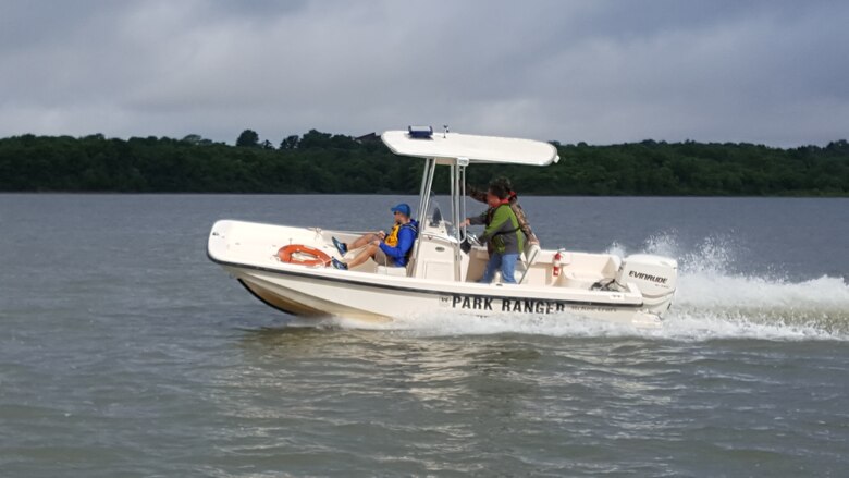 Boaters with park rangers practicing safe boating during course May 22, 2017.