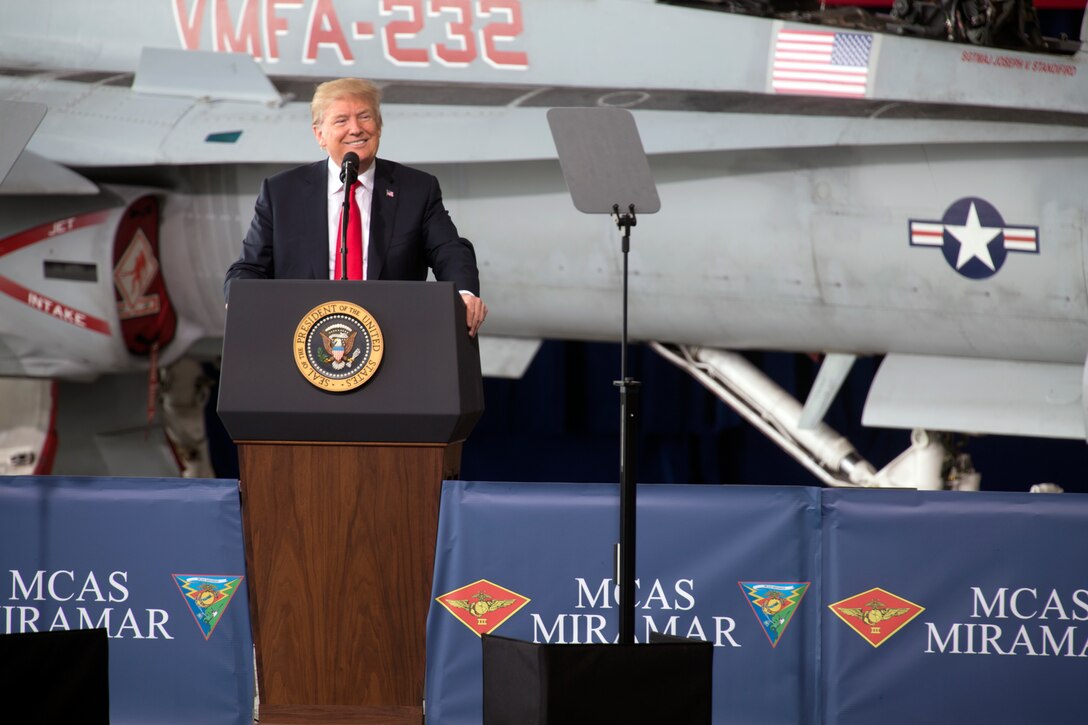 President of the United States Donald J. Trump speaks to the troops during a speech at Marine Corps Air Station Miramar, Calif., March 13.  The president landed at MCAS Miramar to meet with leaders in San Diego and later spoke to service members and guests.