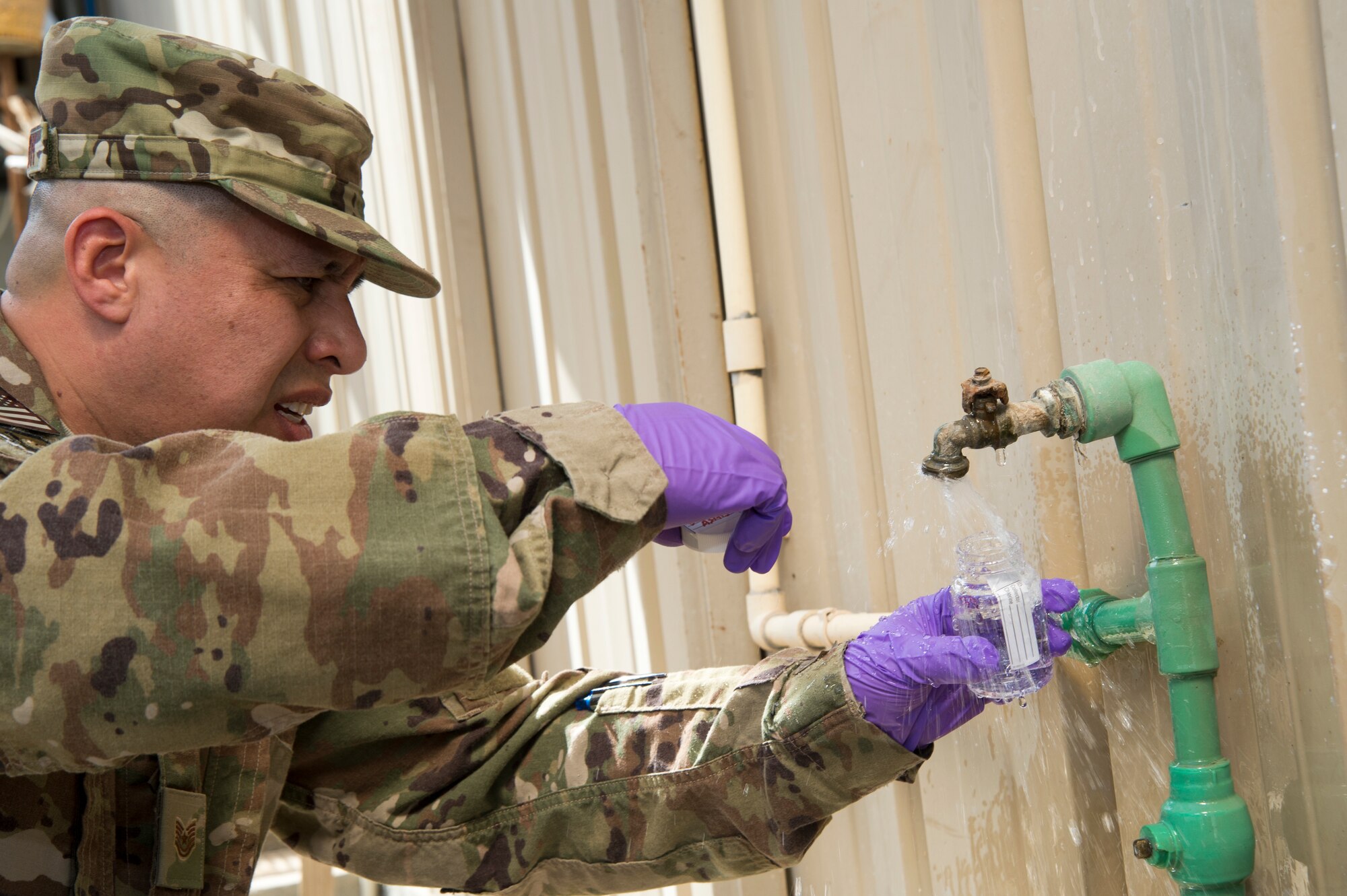Recently, bioenvironmental has been working in coordination with the 386th Expeditionary Force Support Squadron and the 386th Expeditionary Civil Engineer Squadron, to bring an ultraviolet water filtration system to the dining facilities. (Air Force Photo by Staff Sgt. William Banton)
