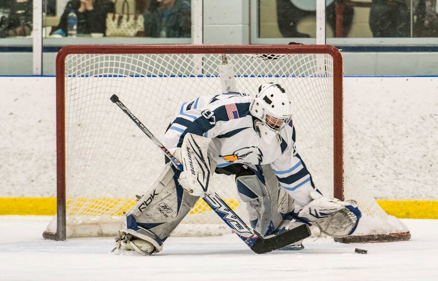 Dover Eagles goaltender Matthew McKenzie (87) blocks a shot by a Dover Fraternal Order of Police Lodge 15 player during the second period March 10, 2018, at the Centre Ice Rink in Harrington, Del. Proceeds of this annual charity hockey game benefit the Officer in Distress Fund. (U.S. Air Force photo by Roland Balik)