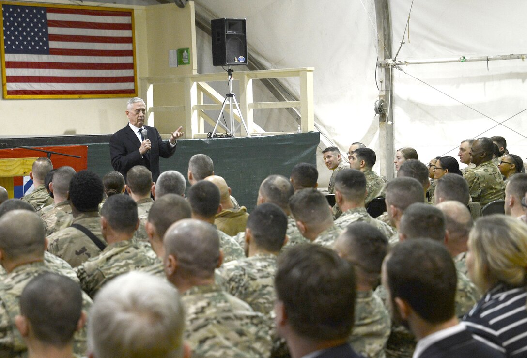 Defense Secretary James N. Mattis speaks to service members.