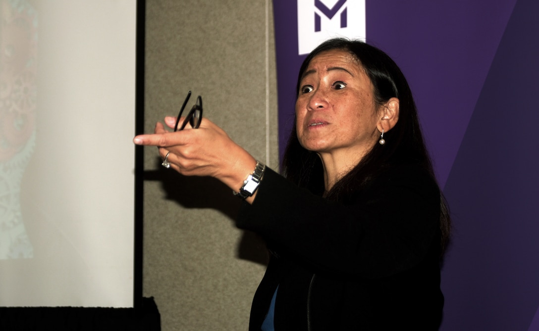 Gigi Wang, industry fellow and the Berkeley Method of Entrepreneurship Boot Camp chair at the University of California at Berkeley, presents a lesson to participants at the DLA Information Operations senior leader innovation boot camp in Springfield, Virginia.