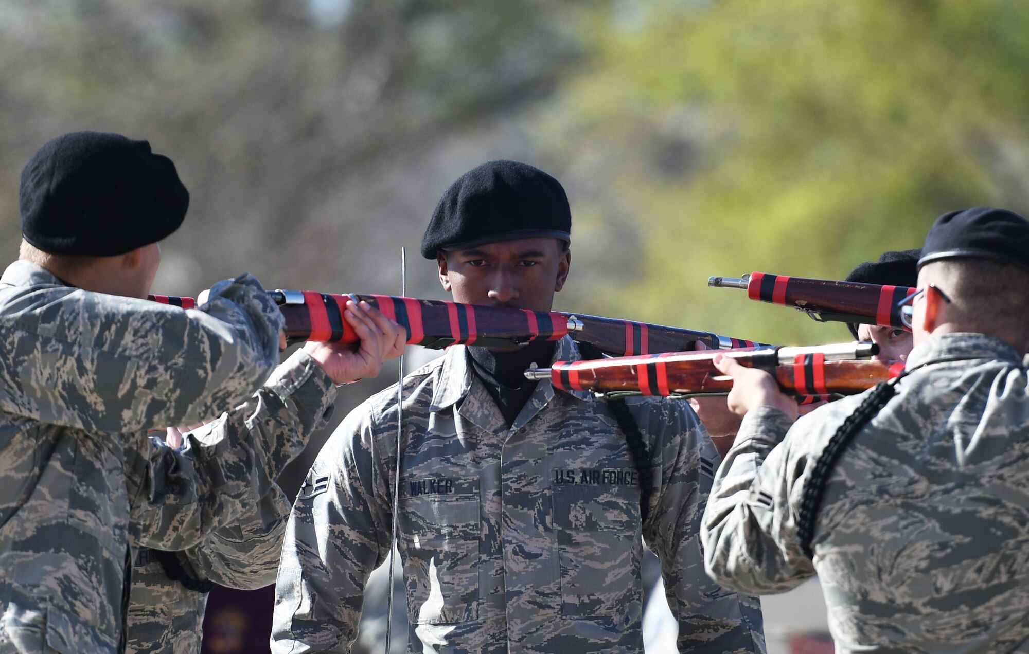 U.S. Air Force Airman 1st Class Nicholas Walker, 336th Training Squadron freestyle drill team drill master, performs during the 81st Training Group drill down on the Levitow Training Support Facility drill pad March 9, 2018, on Keesler Air Force Base, Mississippi. Airmen from the 81st TRG competed in a quarterly open ranks inspection, regulation drill routine and freestyle drill routine. The 335th TRS “Bulls” took first place this quarter. (U.S. Air Force photo by Kemberly Groue)