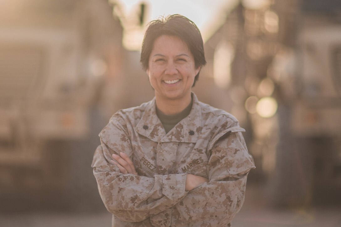 U.S. Marine Lt. Col. Elizabeth D. Perez, the chief of staff for Task Force Southwest, speaks on what it means to be a leader and a woman in the Marine Corps in a combat environment at Camp Shorab, Afghanistan, March 6, 2018. Perez is currently deployed to Helmand province to train, advise and assist the Afghan National Defense and Security Forces to expand the security belt and to deny the enemy freedom of movement around central Helmand.