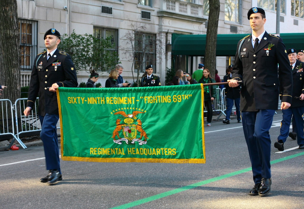New York Army National Guardsmen from the 1st Battalion, 69th Infantry Regiment, lead the St. Patrick's Day Parade in New York City.