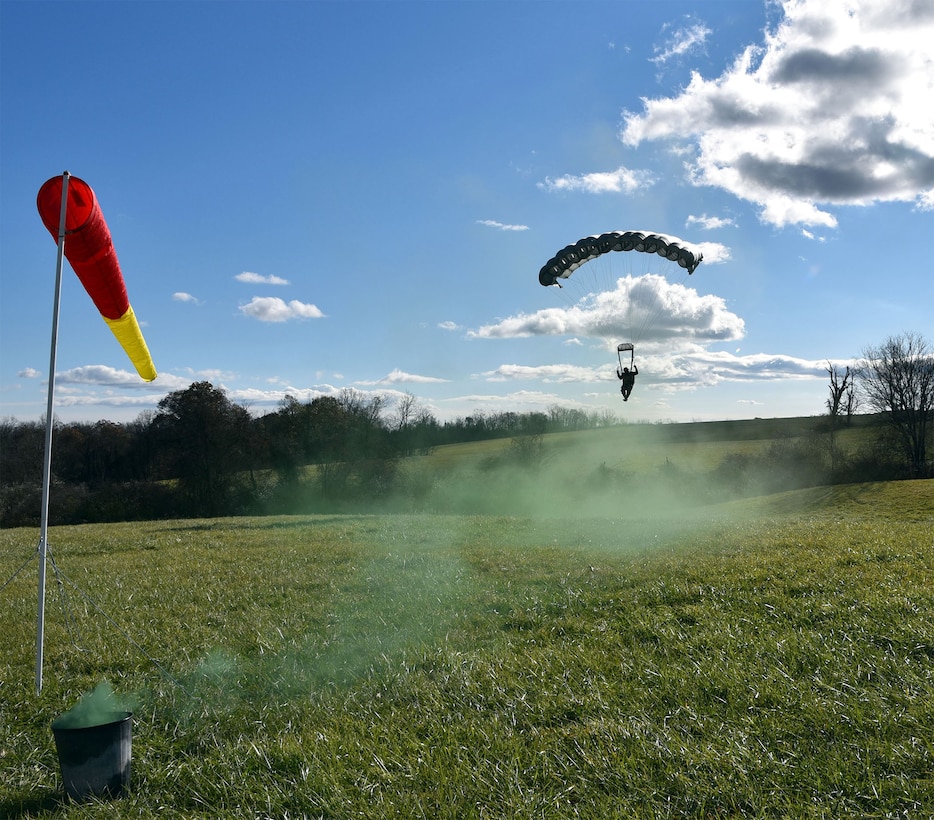 Staff Sgt. Steven Lunn approaches the drop zone during his military free fall qualification jump over Paddy’s Field in Mechanicsburg, Pennsylvania.