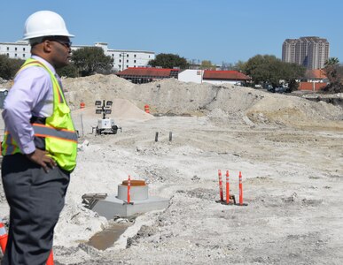 Abraham Goodwin, 502nd Civil Engineer Squadron/Civil Engineering Management project manager at Joint Base San Antonio-Fort Sam Houston, looks over the construction site for the new exchange shopping center being built at JBSA-Fort Sam Houston. The new 210,000-square-foot exchange center is being constructed across from and will replace the current exchange building located at Henry Allen and Winfield Scott roads. Expected completion date for the new exchange center is spring 2020.