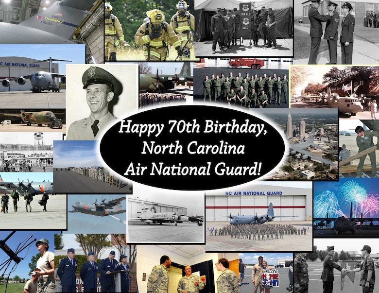 A collage of photos taken from the archives of the North Carolina Air National Guard Public Affairs Office and Heritage Program, depicting multiple generations of the unit, created at the North Carolina Air National Guard Base, charlotte Douglas International Airport, Mar. 14, 2018. The North Carolina Air National Guard was founded on Mar. 15, 1948 as the 156th Fighter Squadron before transitioning to an Airlift Squadron with C-130 Hercules Aircraft and C-17 Globemaster III Aircraft in 2018.
