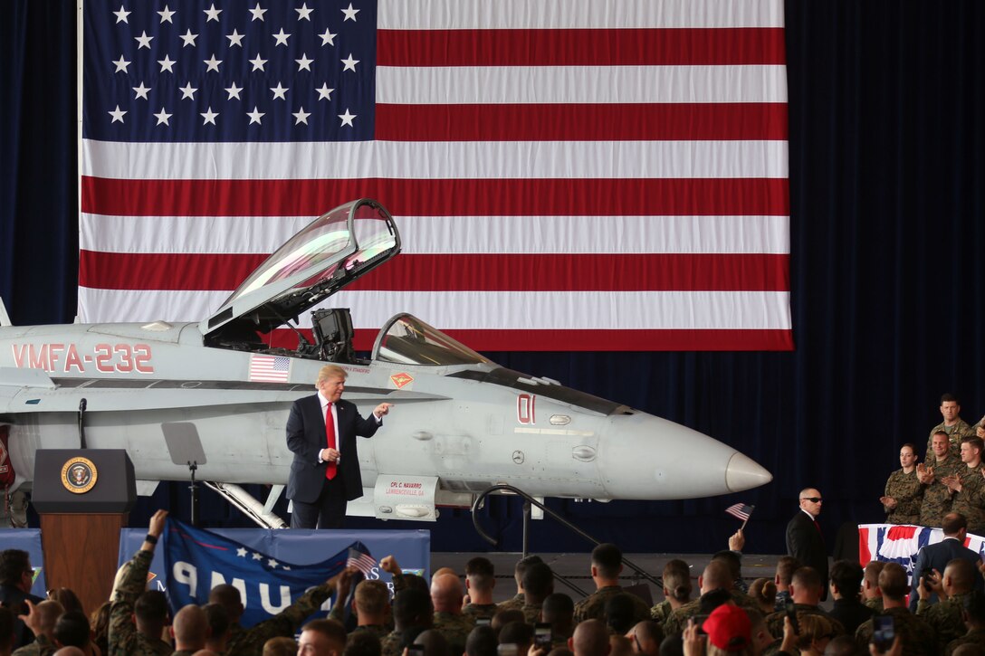 President of the United States Donald J. Trump speaks to the troops during a speech at Marine Corps Air Station Miramar, Calif., March 13. During the president's trip to San Diego, he spoke to service members and guests. (U.S. Marine Corps photo by Cpl. Jake M.T. McClung/Released)