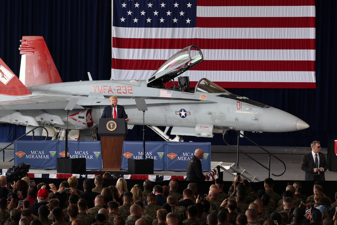 President of the United States Donald J. Trump speaks to the troops during a speech at Marine Corps Air Station Miramar, Calif., March 13. During the president's trip to San Diego, he spoke to service members and guests. (U.S. Marine Corps photo by Cpl. Jake M.T. McClung/Released)
