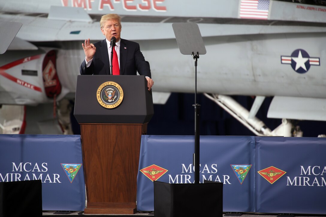 President of the United States Donald J. Trump speaks to the troops during a speech at Marine Corps Air Station Miramar, Calif., March 13.  During the president's trip to San Diego, he spoke to service members and guests. (U.S. Marine Corps photo by Cpl. Jake M.T. McClung/Released)