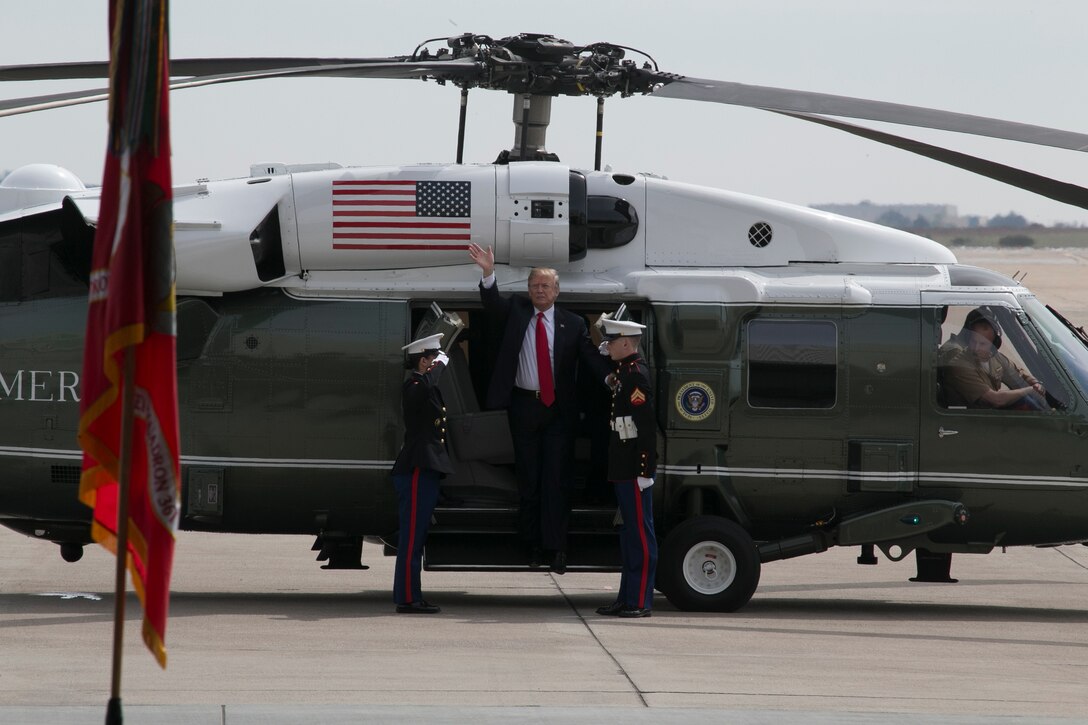 President of the United States Donald J. Trump arrives at Marine Corps Air Station Miramar, Calif., March 13. During the president's trip to San Diego, he spoke to service members and guests. (U.S. Marine Corps photo by Sgt. Andrianna Talbot/Released)