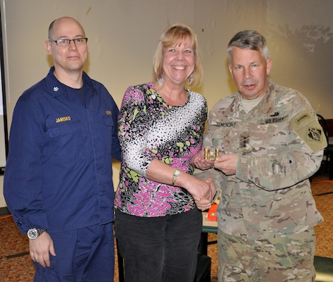 LOUISVILLE, Ky. – USACE Commanding General and 54th US Army Chief of Engineers Lt. Gen. Todd Semonite (right) and USACE Command Surgeon Thomas Janisko recognize Bev Noel-Chavez for her service as the Critical Incident Stress Management team coordinator, during the team’s annual training, Feb. 28, 2018.