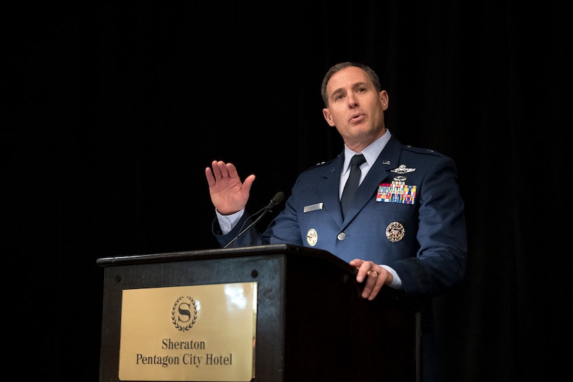 Air Force Brig. Gen. David A. Krumm, the Joint Staff’s deputy director for requirements, speaks during the JEDI Cloud Industry Day in Arlington, Va.