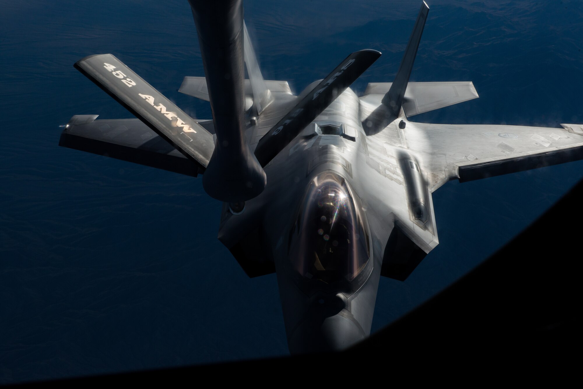 A U.S. F-35A Lightning II from the 56th Fighter Wing approaches a KC-135 Stratotanker for refueling over Arizona, March 12, 2018. During the flight, two F-35s were refueled during the mission. (U.S. Air Force photo/Airman 1st Class Alexander Cook)