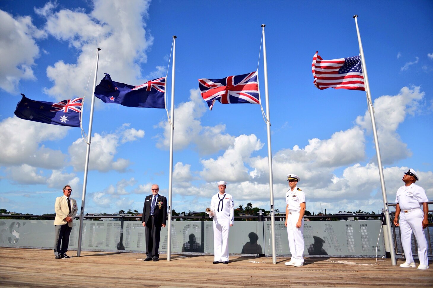BRISBANE, Australia (March 14, 2018) Vice Adm. Phil Sawyer, commander of U.S. 7th Fleet participates in a wreath laying ceremony at the Submariners Walk Heritage Trail, where the U.S. Navy's Task Force 42/72 was located during World War II. Sawyer is visiting Brisbane in conjunction with the 75th anniversary of 7th Fleet's establishment here on March 15, 1943. (U.S Consulate General Sydney photo)