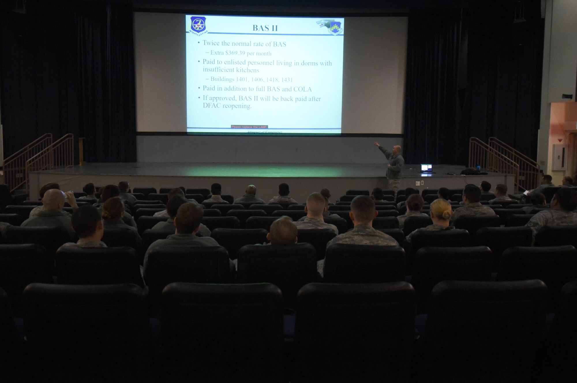 U.S. Air Force Staff Sgt. Emile Navarro, financial service technician assigned to the 8th Comptroller Squadron, briefs Airmen on their Basic Allowance for Subsistence entitlements at Kunsan Air Base, Republic of Korea, March 12, 2018. The O’Malley dining facility will undergo hood and duct renovations from April 5th  to June 1st , resulting in a pay increase for all meal card holders. (U.S. Air Force photo by Staff Sgt. Jasmonet D. Jackson)