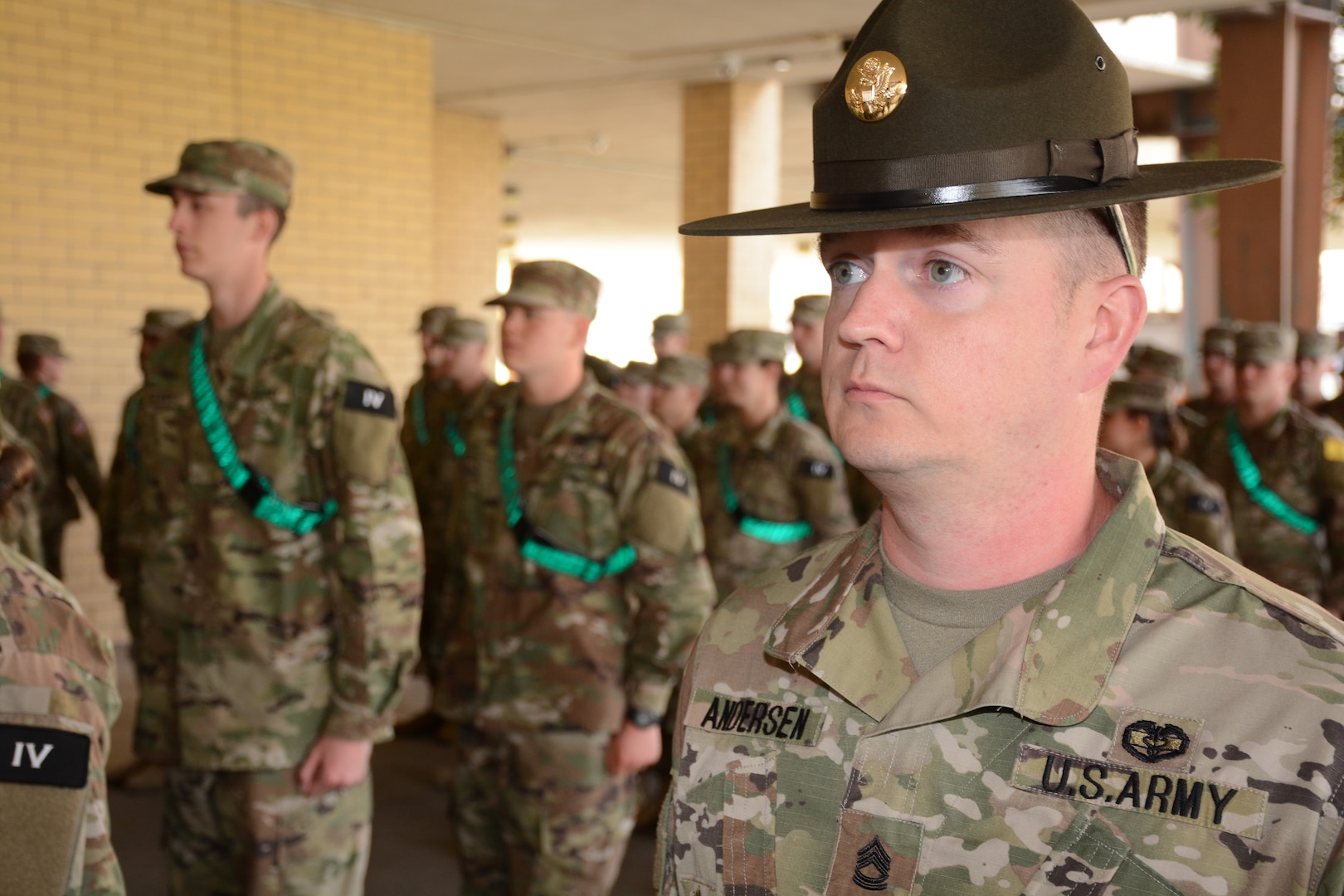 Sgt. 1st Class Brent L. Andersen Jr., Advanced Individual Training Platoon Sergeant/Drill Sergeant Manager, with Soldiers from Delta Company, 232d Medical Battalion at Joint Base San Antonio-Fort Sam Houston, Texas. Anderson recently graduated from the Drill Sergeant Conversion Course at Fort Jackson, SC.