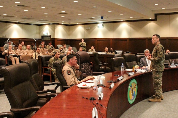 Col. John Maykish, 609th Air Operations Center commander, holds a brainstorming session on the future of the Combined Air Operations Center, during the second annual innovation summit, Al Udeid Air Base, Qatar, March 8, 2018. The innovation summit brought military and academic minds together to brainstorm warfighting challenges and assess progress made in collaboration between the Defense Innovation  experimental Unit and the Combined Air Operations Center. (U.S. Air Force photo by Staff Sgt. Jeff Parkinson)