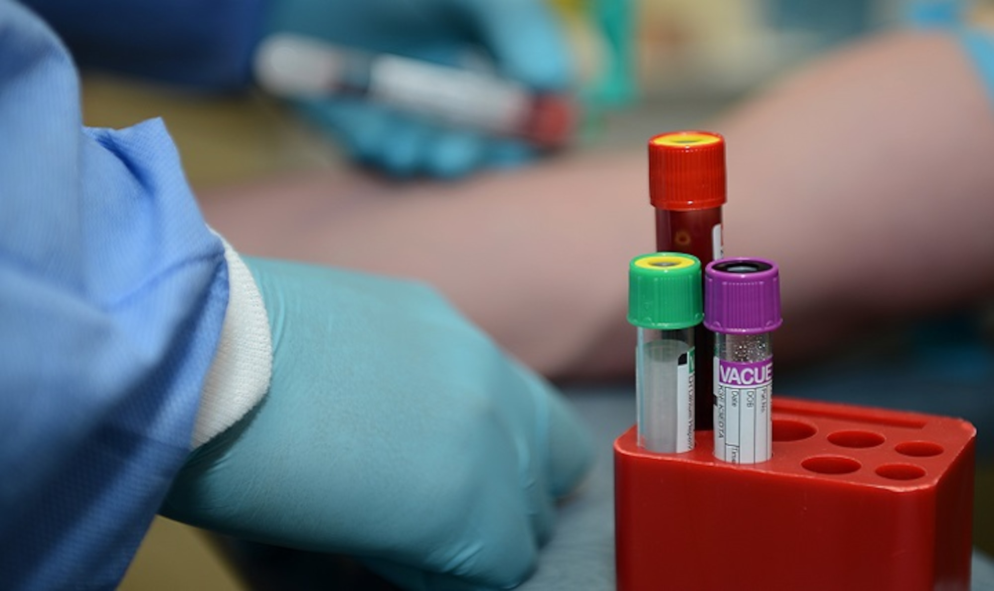 U.S. Army Spc. Juan Hernandez, Jr., McDonald Army Medical Center U.S. Army Medical Activity medical laboratory technician, draws a blood sample from a patient at Joint Base Langley-Eustis, Va., June 26, 2017. The JBLE lab technicians perform over a million tests annually and study the hematology, coagulation, chemistry and microbiology of the samples. (U.S. Air Force photo by Staff Sgt. Teresa J. Cleveland)