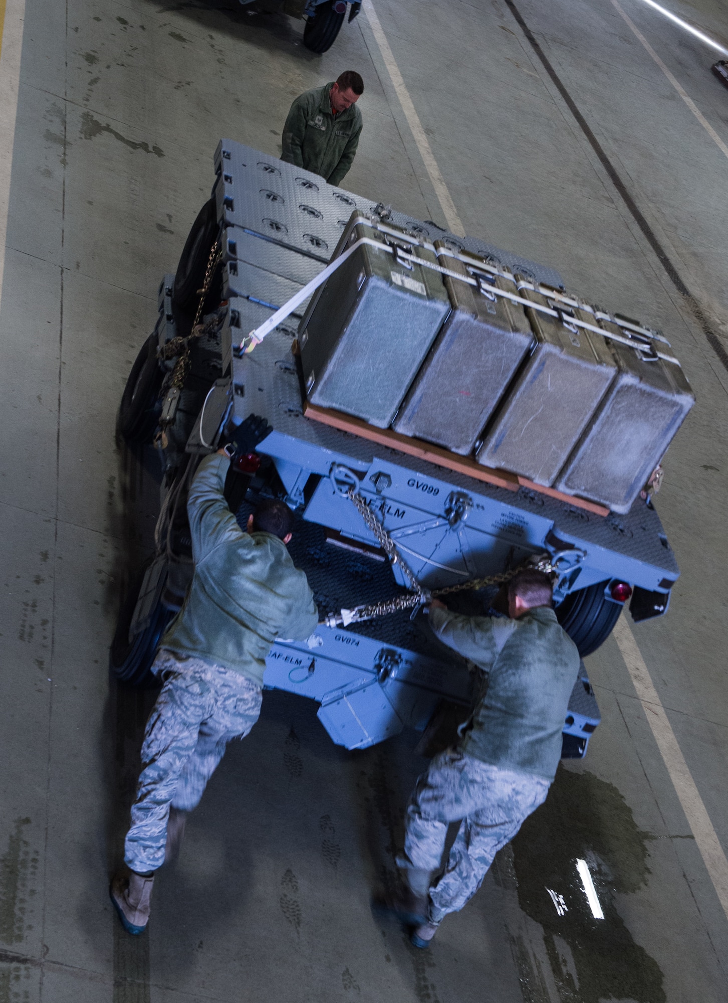 Airmen assigned to the 673d Logistics Readiness Group participate in a mobility exercise at the Joint Mobility Center at Joint Base Elmendorf-Richardson, Alaska, March 9, 2018. Mobility exercises are designed to bridge the gap between semi-annual POLAR FORCE exercises. They enhance readiness and training, while providing teachable moments to augmentees tasked to support cargo-processing.