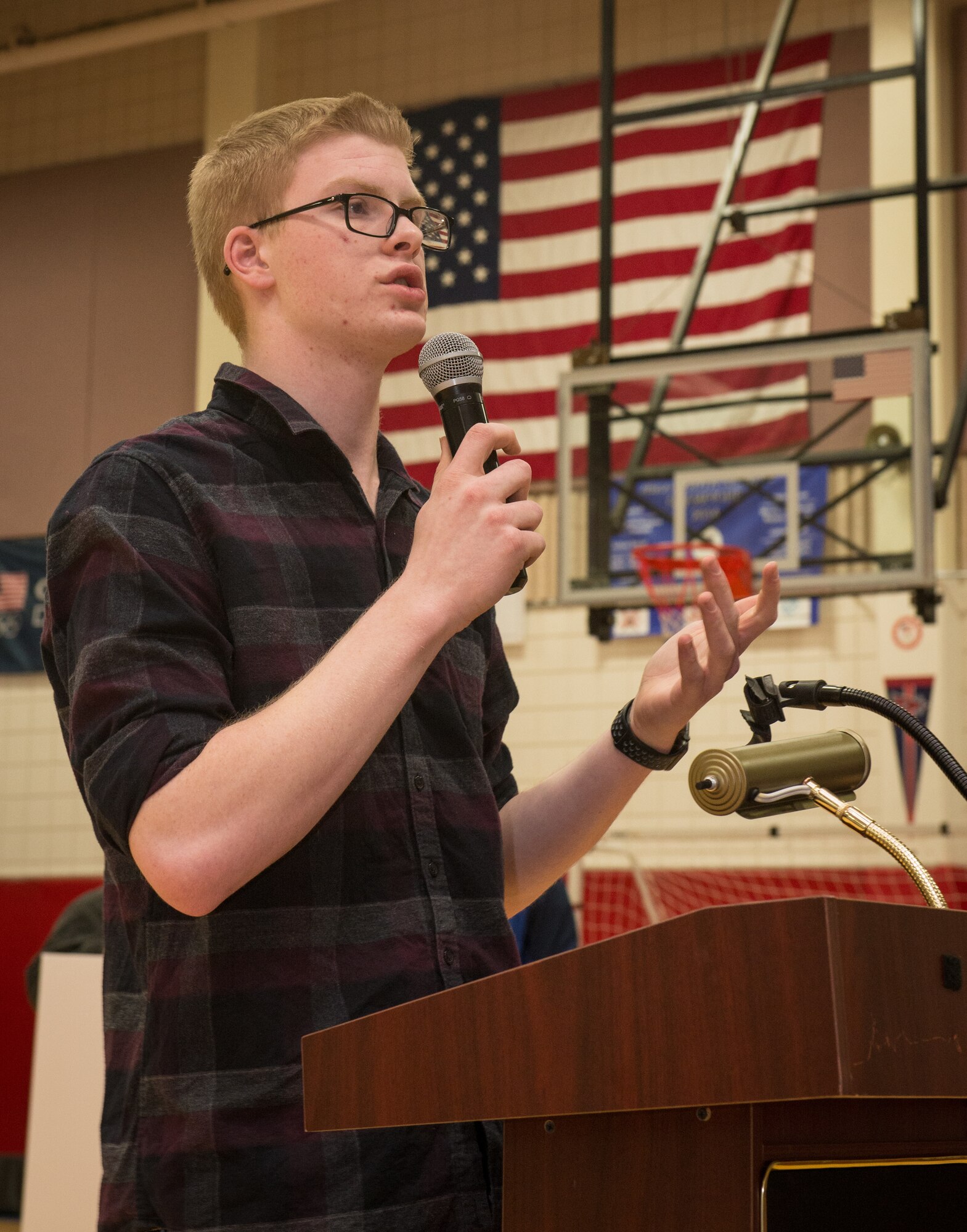 Jon Peterson speaks to children about the power of education at the Kennecott Youth Center at Joint Base Elmendorf-Richardson, Alaska, March 7, 2018. Jon was recognized as this year’s Boys and Girls Clubs of America Military Youth of the Year for the state of Alaska and awarded a $5,000 scholarship. The program is designed to promote service to club, community and family, academic success, strong moral character, life goals and poise and public speaking. Jon will now compete at the Pacific Air Forces regional level for a chance to win a $40,000 scholarship and an invitation to compete at the national level.