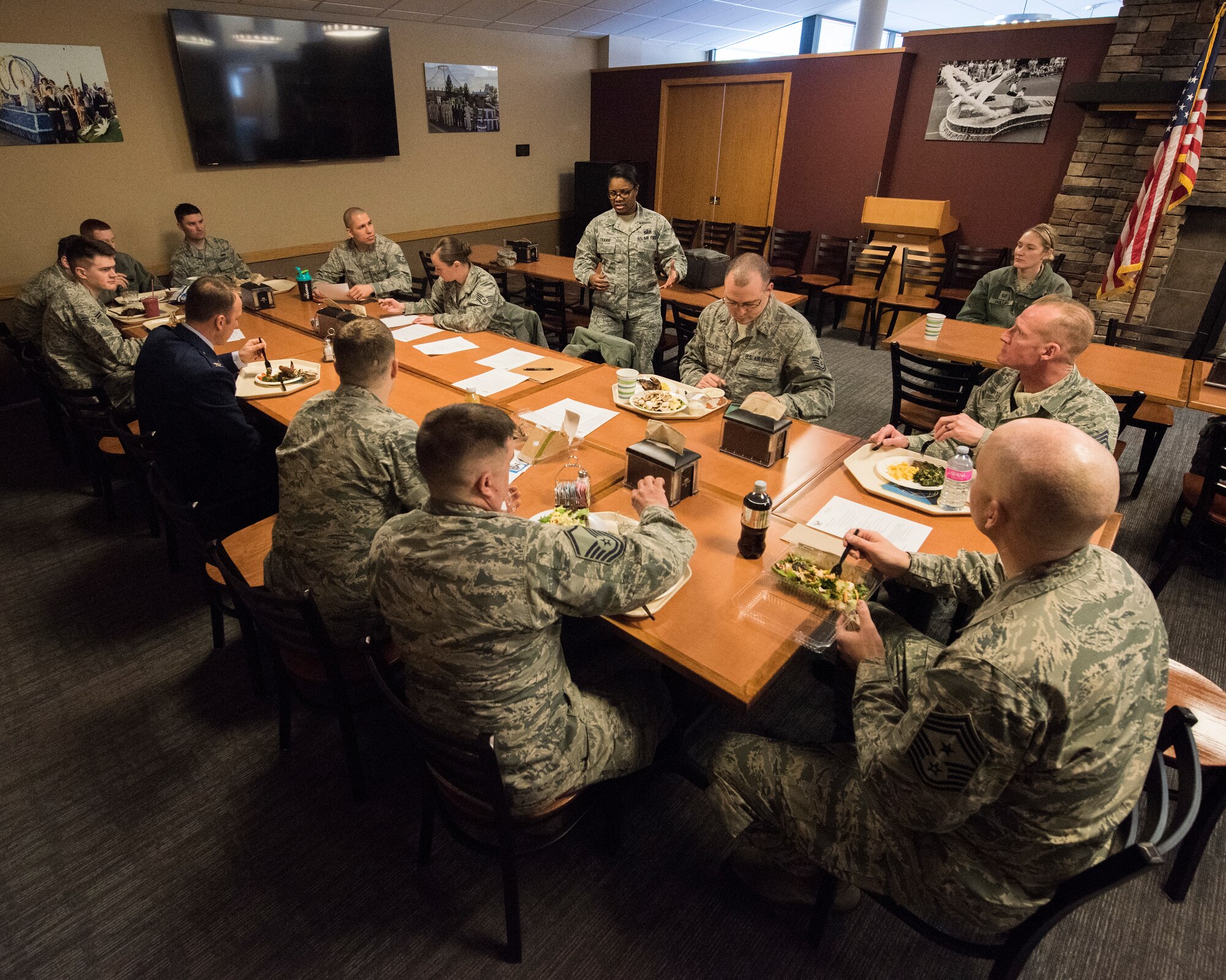 Tech. Sgt. Shanice Travis, travel pay technician, 141st Comptroller Flight, and president of the 141st Rising 6 Association, discusses ideas on how to increase communication with drill status Guardsmen during the month prior to drill weekends March 3, 2018 at Fairchild Air Force Base, Wash. The Rising 6 Association includes enlisted personnel from the rank of Airman Basic to Technical Sergeant and focuses on professional development and mentorship for Airmen and junior enlisted NCO's. (U.S. Air National Guard photo by Staff Sgt. Rose Lust)